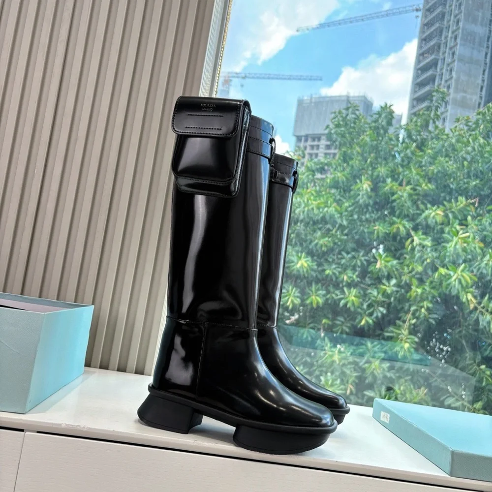 Prada Glossy Black Over the Knee Boots